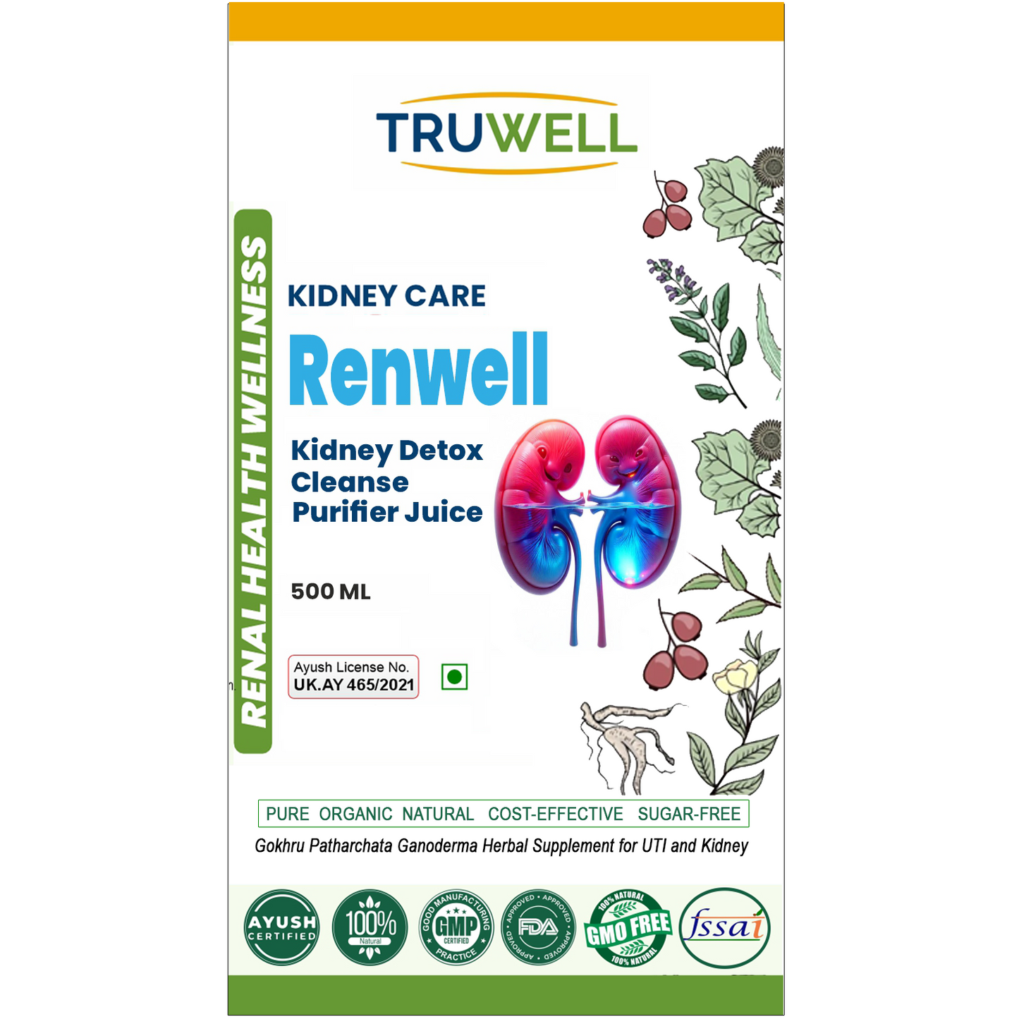 RenWell Juice (Gokhru + Patharchata) | Clinically Approved Kidney Detox & Stone Prevention | Supports Urinary Health & Hydration | Ayurvedic Herbal Formula | 500ml